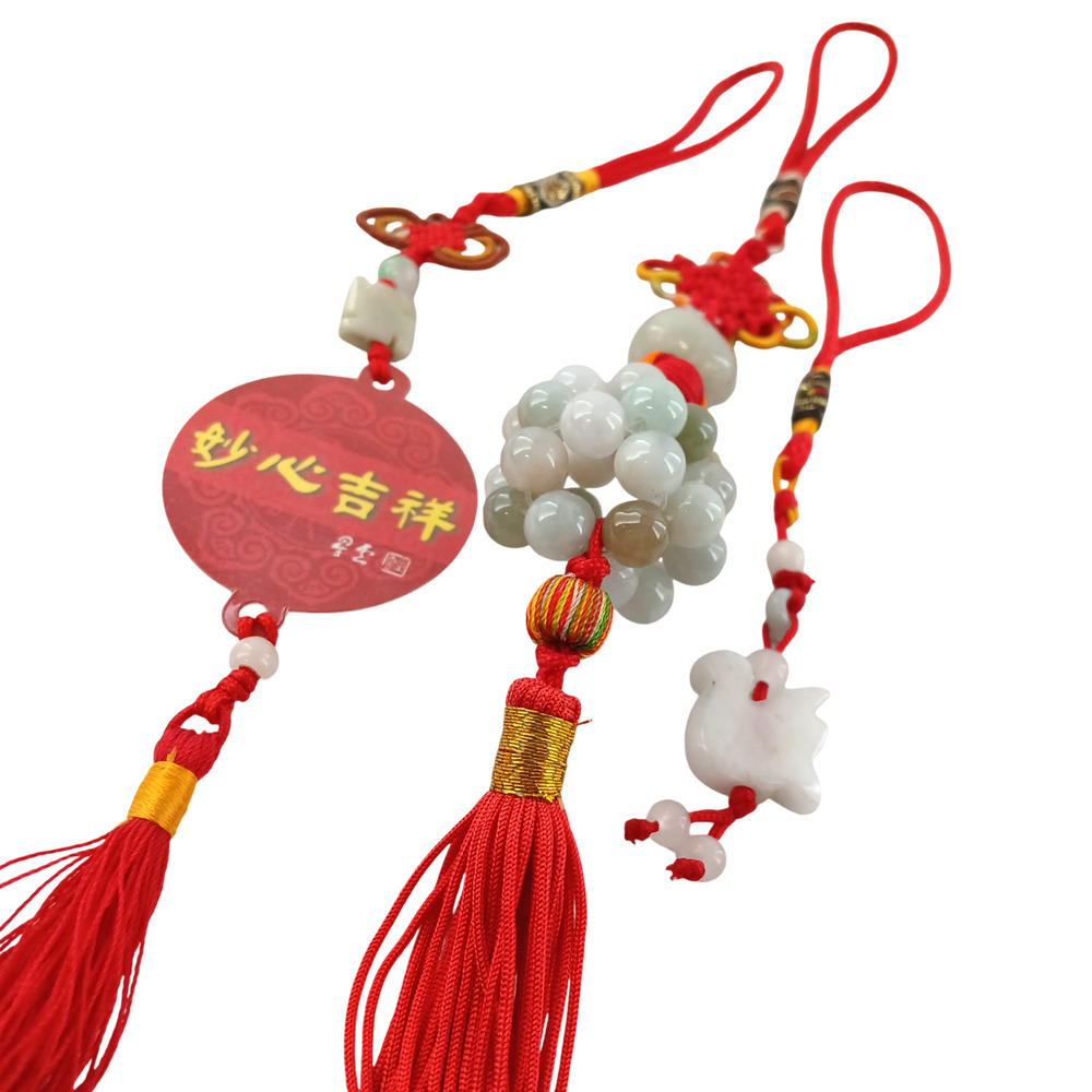 Lot of 3 Chinese Red Tassel Hanging Charm Jade Bead Knot Feng Shui Decor